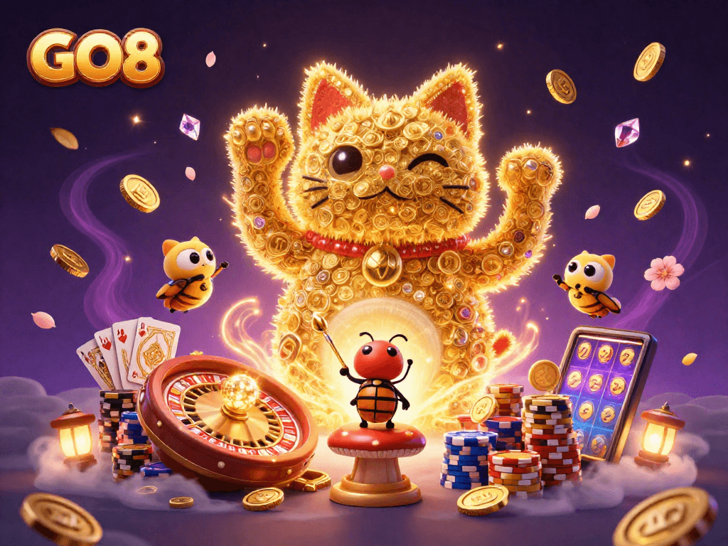 Experience gaming excitement with GO8's lively portrayal of luck and fortune in a 3D casino setting.