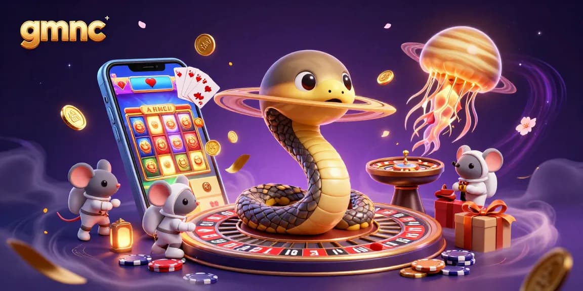 Play games effortlessly with GMNC, featuring a cosmic roulette and gambling elements in action.