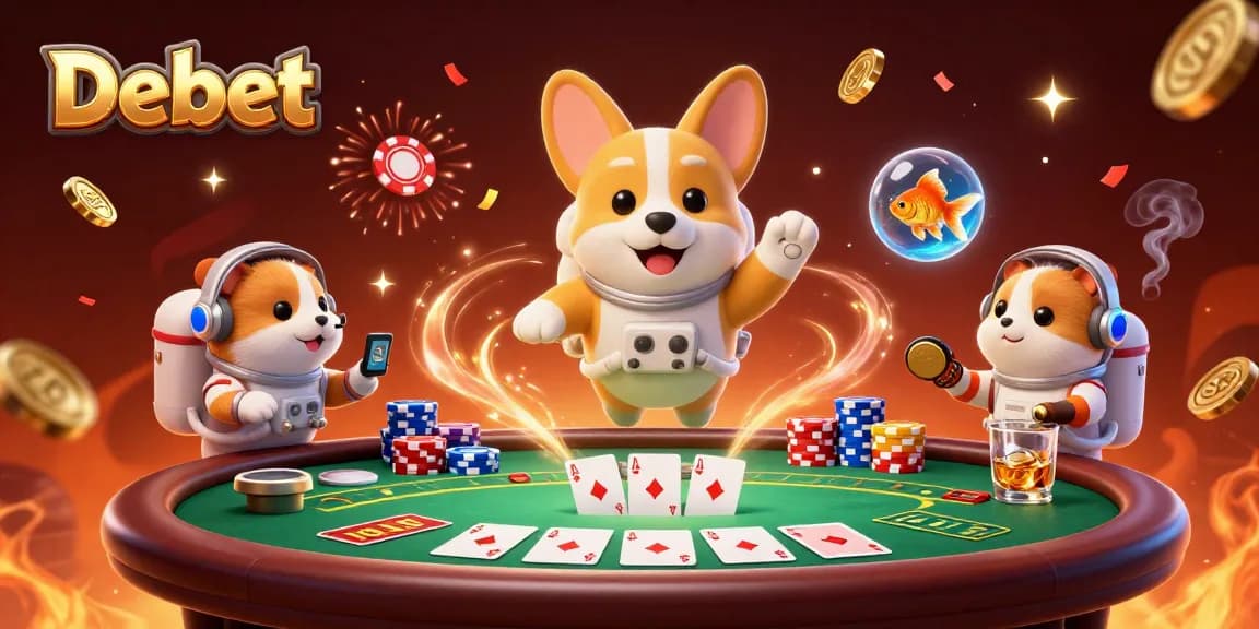 Engage with Debet's immersive online casino action featuring a floating corgi, casino elements, and vibrant energy.