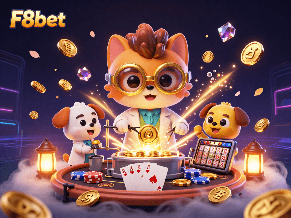 Experience thrilling action at F8bet with the mad scientist cat and lab assistant in a lively casino scene.