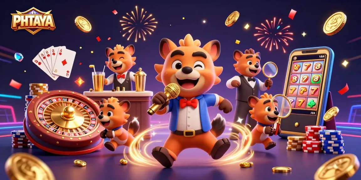 PHTAYA betting scene with hyenas comedy casino club, golden coins, and sparkling gems for an exciting experience