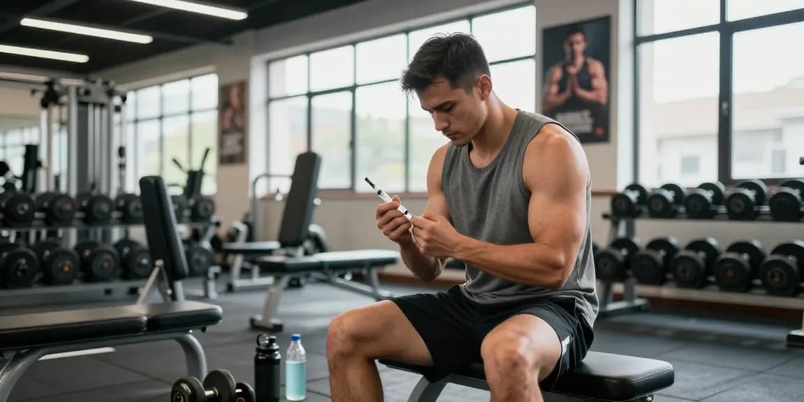 Anabolika-Shop-Szene eines fokussierten Bodybuilders, der sich in einer lebhaften Fitnessumgebung auf eine Steroidinjektion vorbereitet.