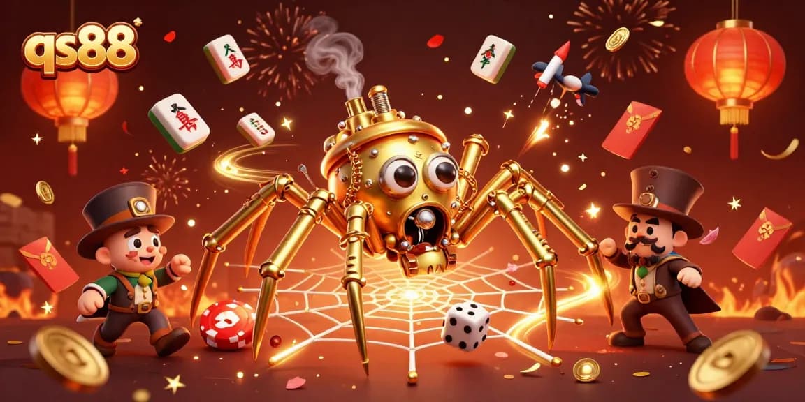 Experience the thrill of qs88 with a steampunk spider webbing golden chains and poker chips.