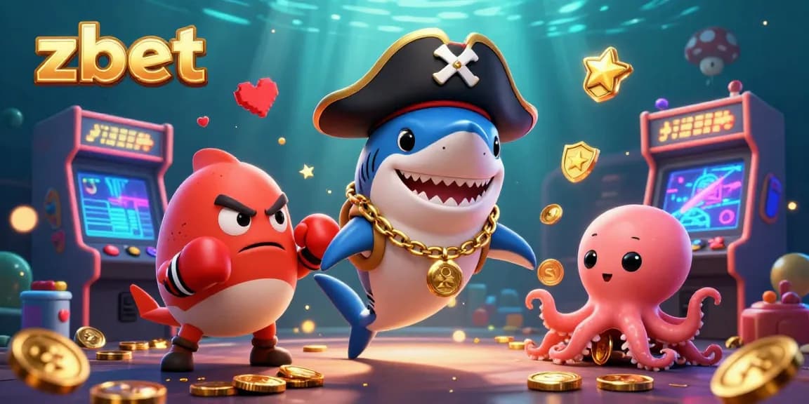 Engage with vibrant zbet gaming elements featuring a fun pirate shark, pufferfish, and octopus in a dynamic casino scene.