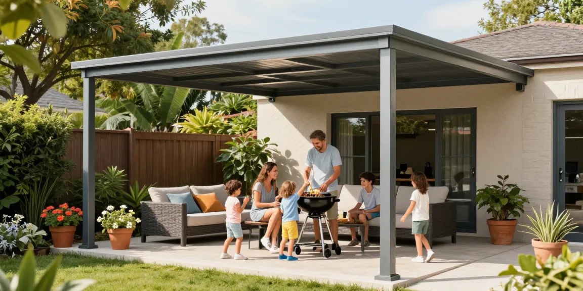 Moderne Terrassenüberdachung in einem gemütlichen Garten mit Familie beim Grillen.