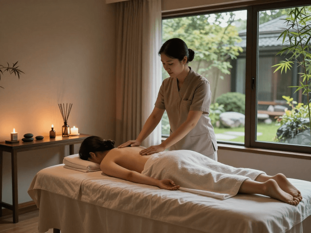 Healing 강동구출장마사지 experience in a serene massage therapy room with essential oils and calming decor.