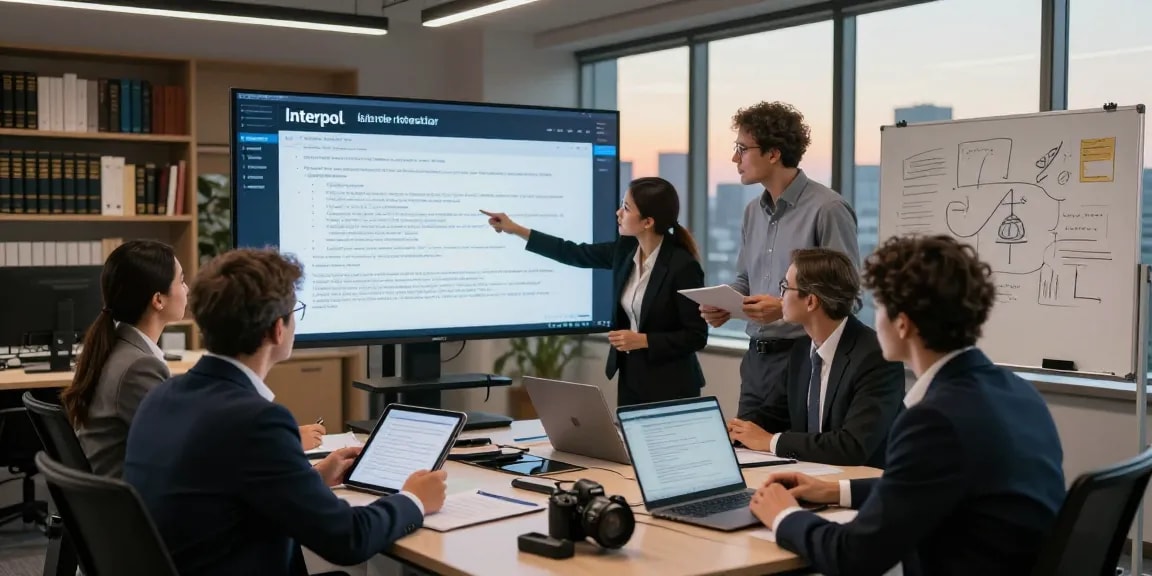 Spezialisten für Interpol-Recht analysieren rechtliche Fälle in modernem Büro.