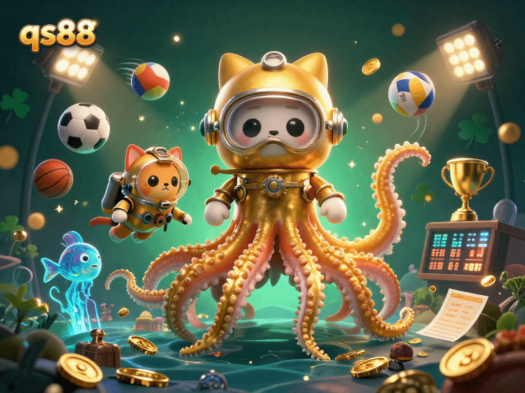 Engage with qs88's exciting world as a colossal kraken and diving cat celebrate gaming excellence.