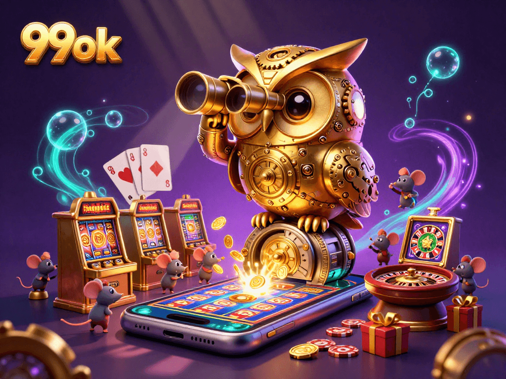 Experience excitement at 99ok casino with a whimsical scene of a golden owl and wind-up mice among games.
