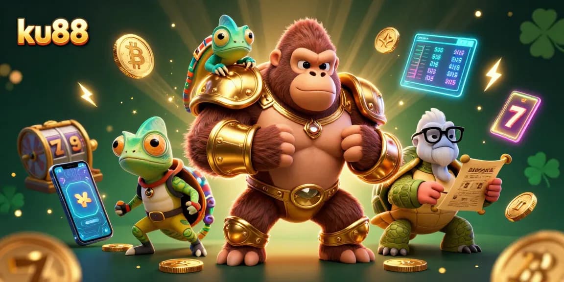 Experience the thrill of ku88 with a powerful gorilla king and vibrant casino elements!