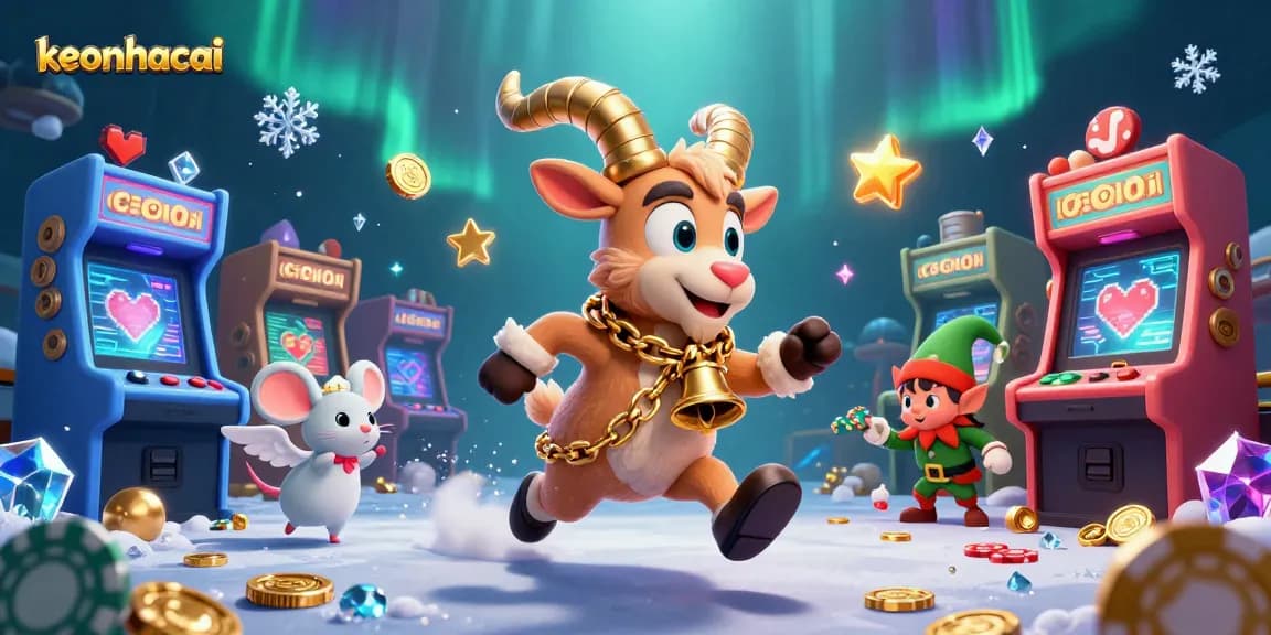Engage with exciting keonhacai action in a festive casino illustration featuring dynamic 3D characters.
