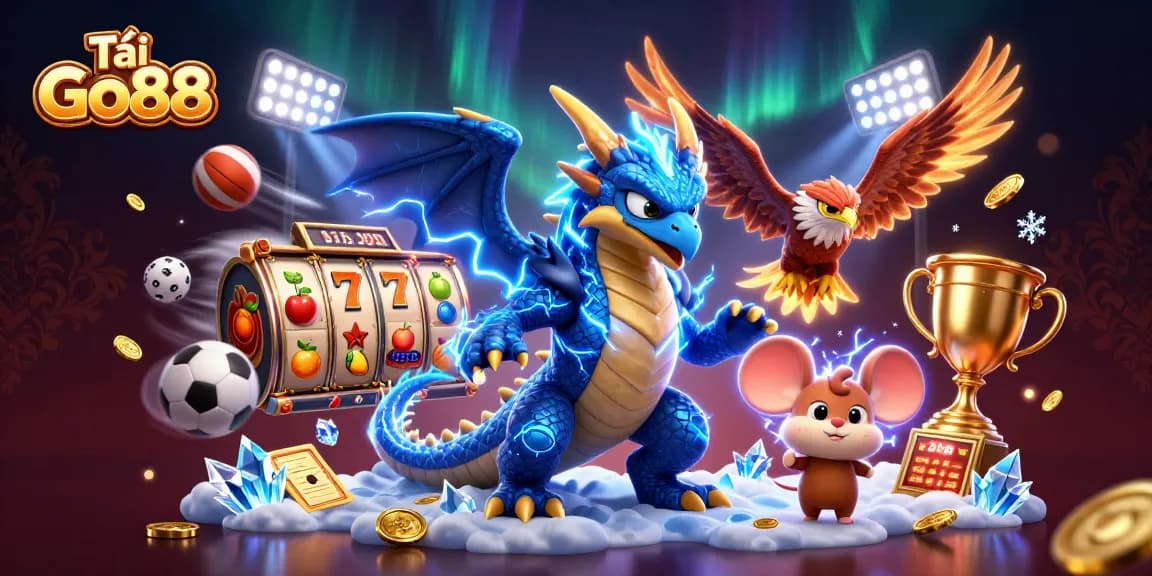 Tải Go88 and experience the thrill with dynamic 3D characters in a rich casino illustration.