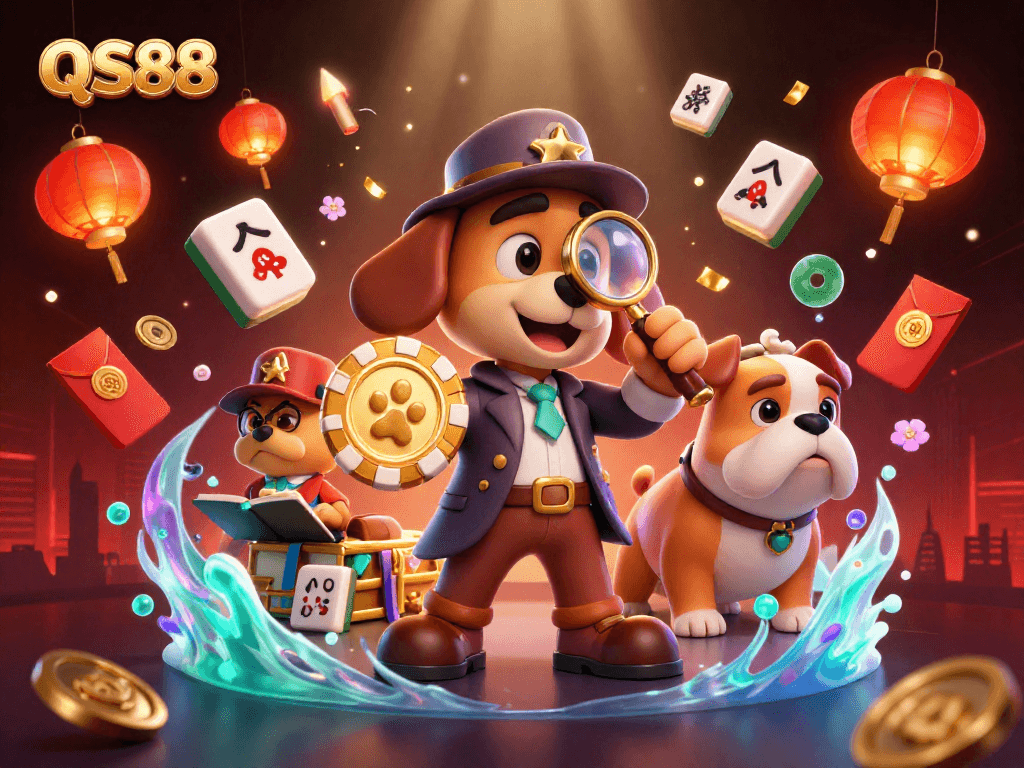 Engage with QS88's thrilling gaming world, where a bloodhound detective uncovers treasures and poker chips.