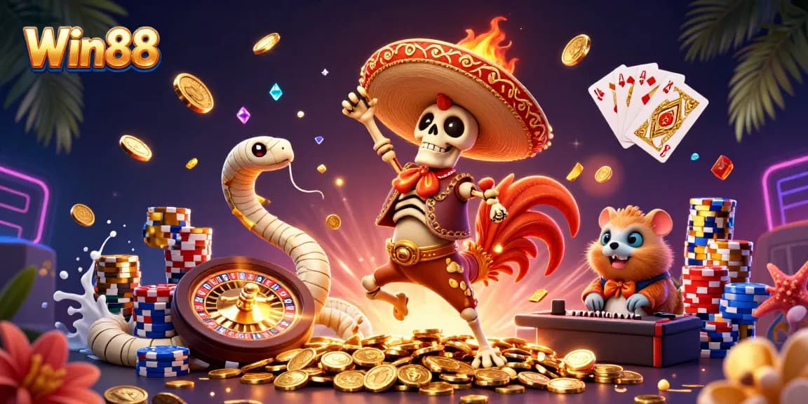 Win88 showcases a vibrant casino scene featuring lively characters celebrating around golden coins and gaming elements.