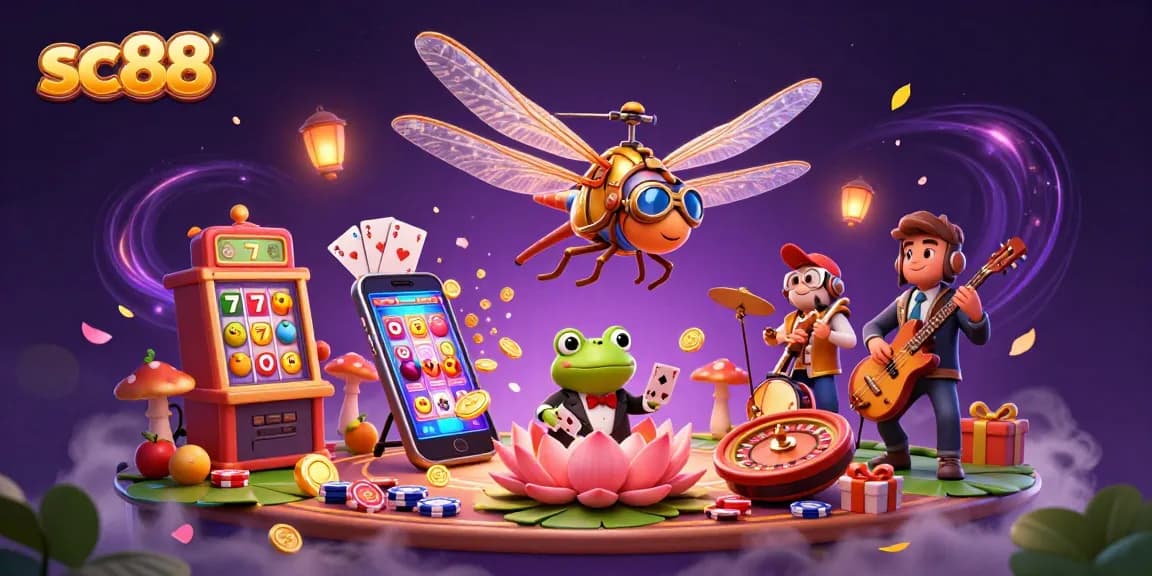Engage with sc88 as a dragonfly pilot hovers over a vibrant lily pad casino with a frog croupier.