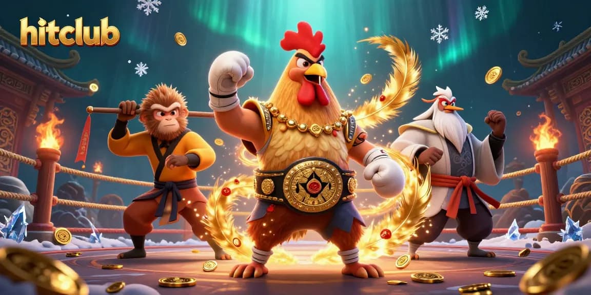 Hitclub's Muay Thai rooster and martial artists fight in a vibrant casino-themed arena