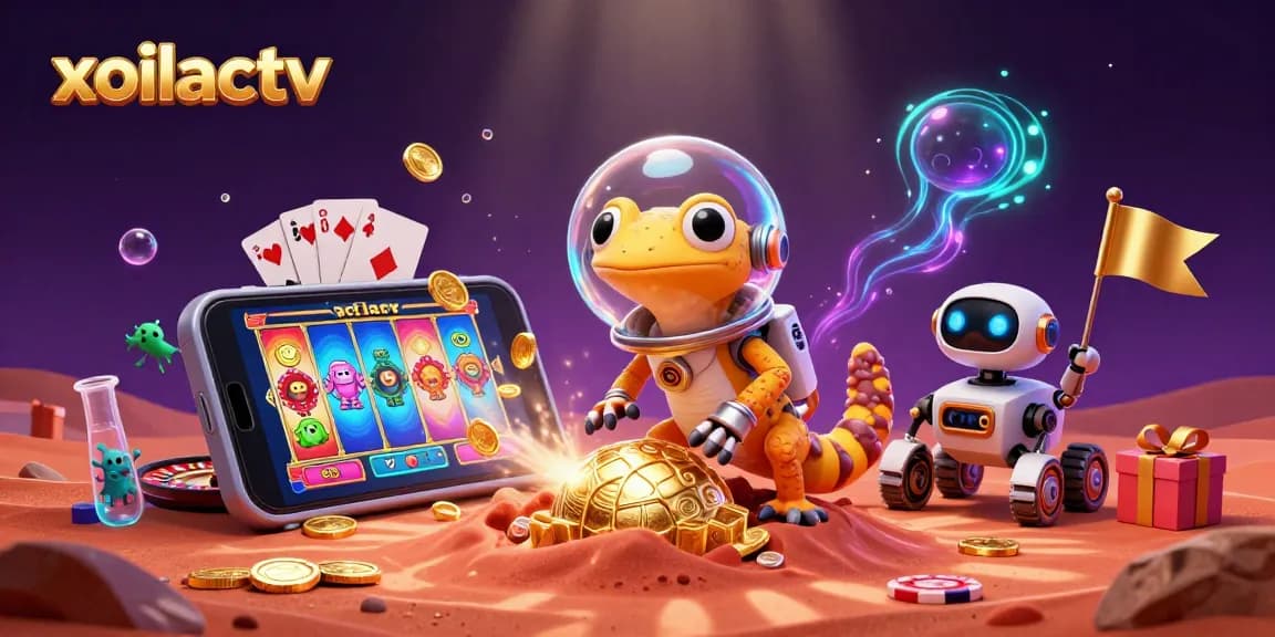 Xoilactv showcases a vibrant scene with a Martian gecko discovering a casino, emphasizing thrilling gaming action.