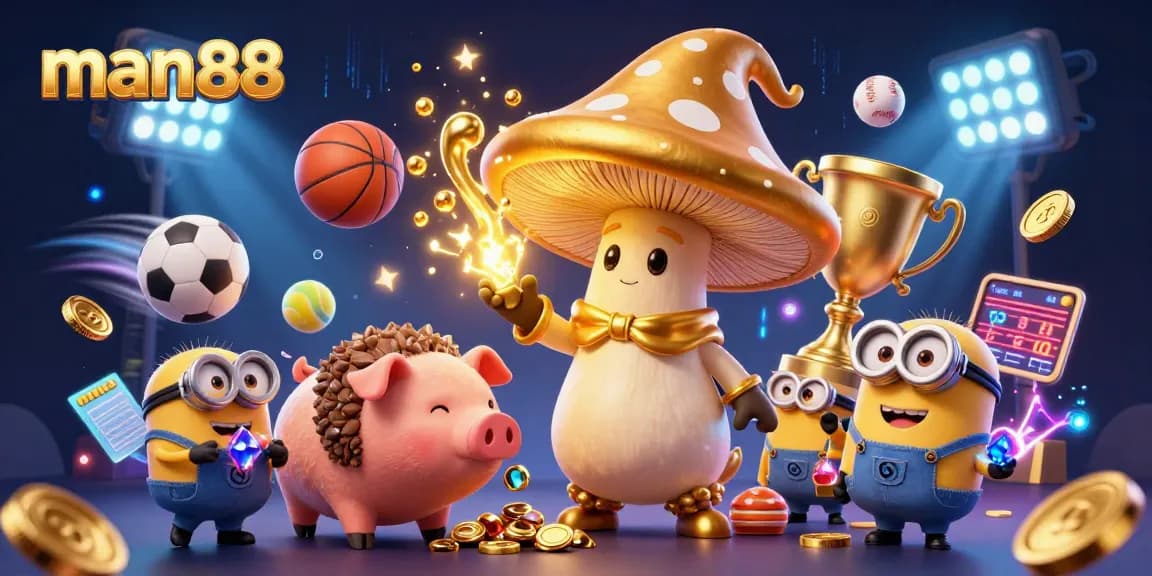 Experience thrilling wins at man88 with this colorful 3D casino scene featuring magical elements and dynamic sports action.