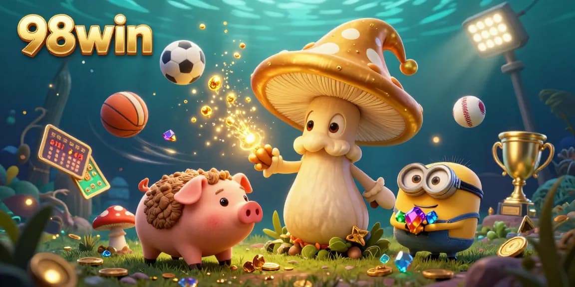 Bet on 98win's treasures with a vibrant 3D scene filled with golden magic and sports action.