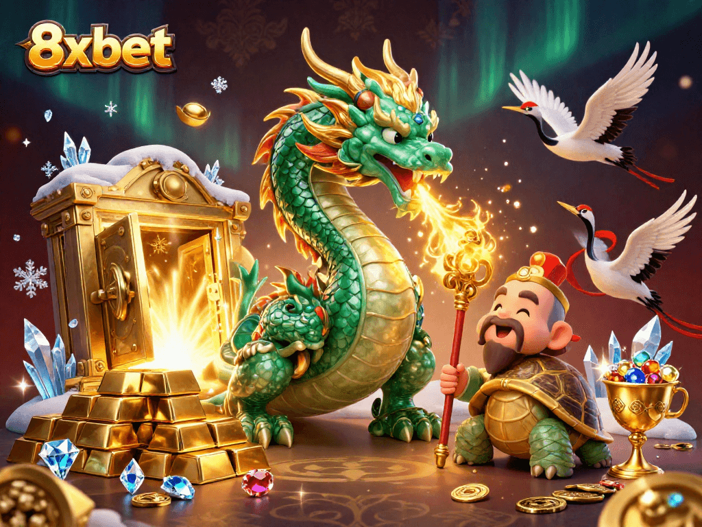 Play games and win with 8xbet as the jade dragon watches over a scene of golden riches.