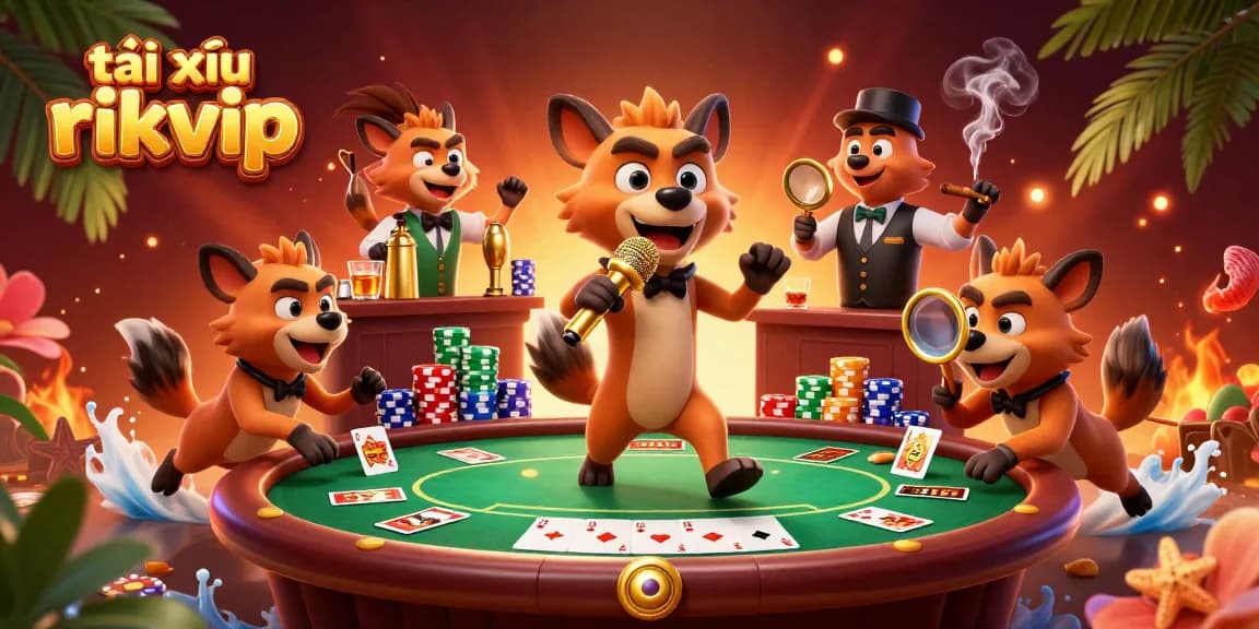 Tài xỉu rikvip showcases a lively hyena casino scene with colorful poker elements and a comedic twist.