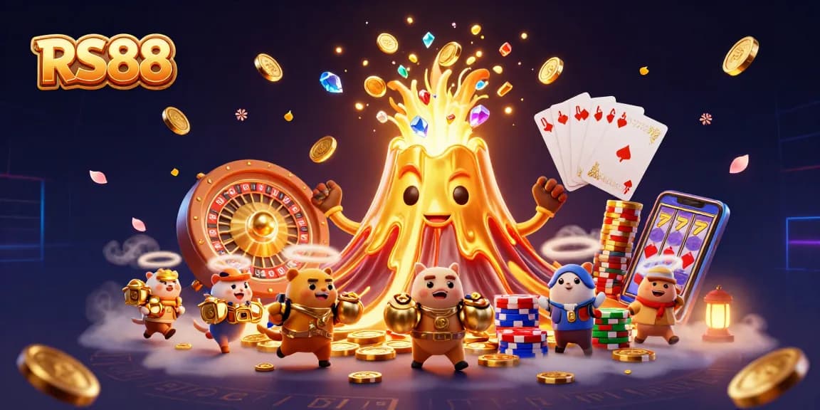 RS88 offers thrilling adventures in gaming with a rich 3D casino illustration featuring treasures and excitement.