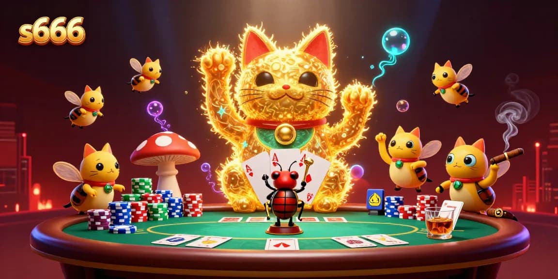 Experience the vibrant casino world at s666, featuring dazzling game elements and a lively lucky cat.