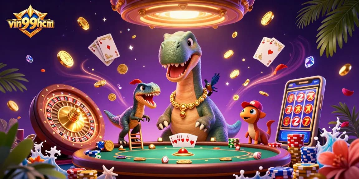 Experience the thrill of vin99hcm with a playful illustration of a giant dinosaur dealer and casino elements.