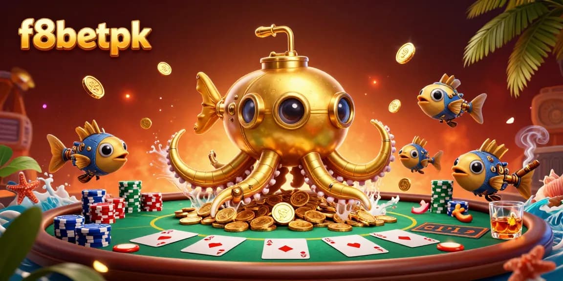 Engage in thrilling poker at f8betpk with a gold kraken submarine and surrounded by poker riches.