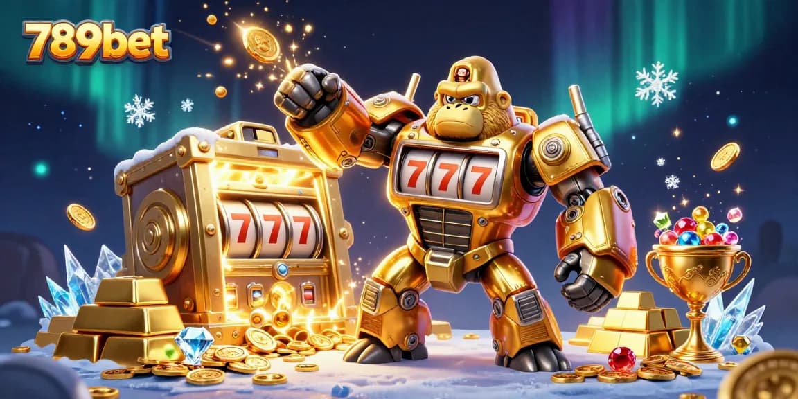 Experience the excitement of 789bet with a 3D gorilla mech surrounded by jackpot treasures.