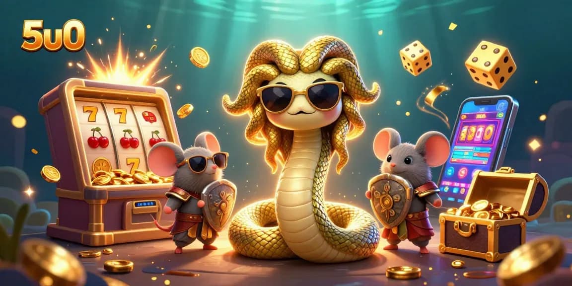 Experience the thrill of 5u0 with a dynamic casino scene featuring Medusa and a warrior mouse.
