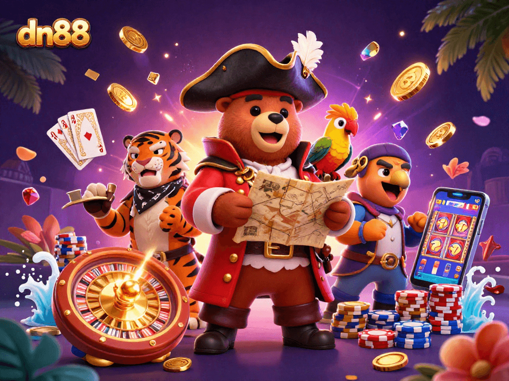 Win big at dn88 with a 3D scene of characters playing casino games amidst gold coins and vibrant gaming elements