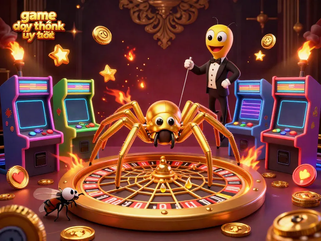 Experience thrilling gameplay at game đổi thưởng uy tín featuring animated characters, colorful arcade machines, and vibrant casino elements.