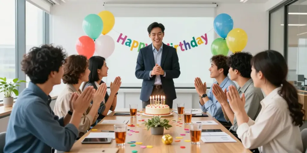 Gezellig kantoorfeest voor de verjaardag van de chefin met respectvolle verjaardagswensen voor de Chefin.