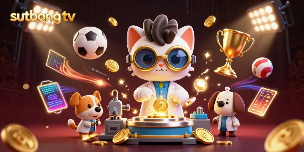 Sutbongtv brings sports excitement with a mad scientist cat and assistant in a dynamic gambling scene.