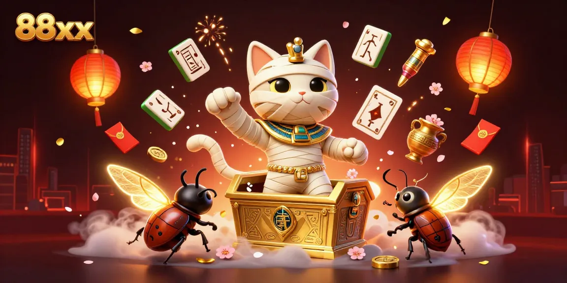 Engage in thrilling gameplay at 88xx with a dynamic scene of Egyptian-themed casino adventures featuring unique characters and vibrant elements.
