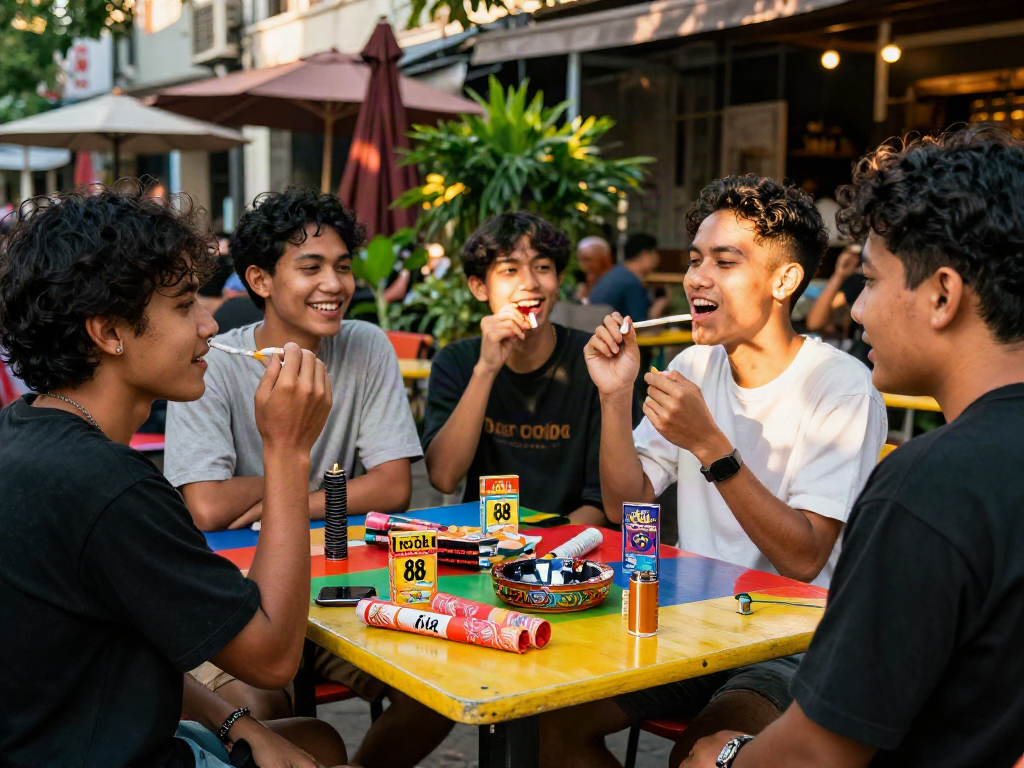 Group of friends enjoying rokok 88 cigarettes in a vibrant café setting, sharing laughter and stylish accessories.