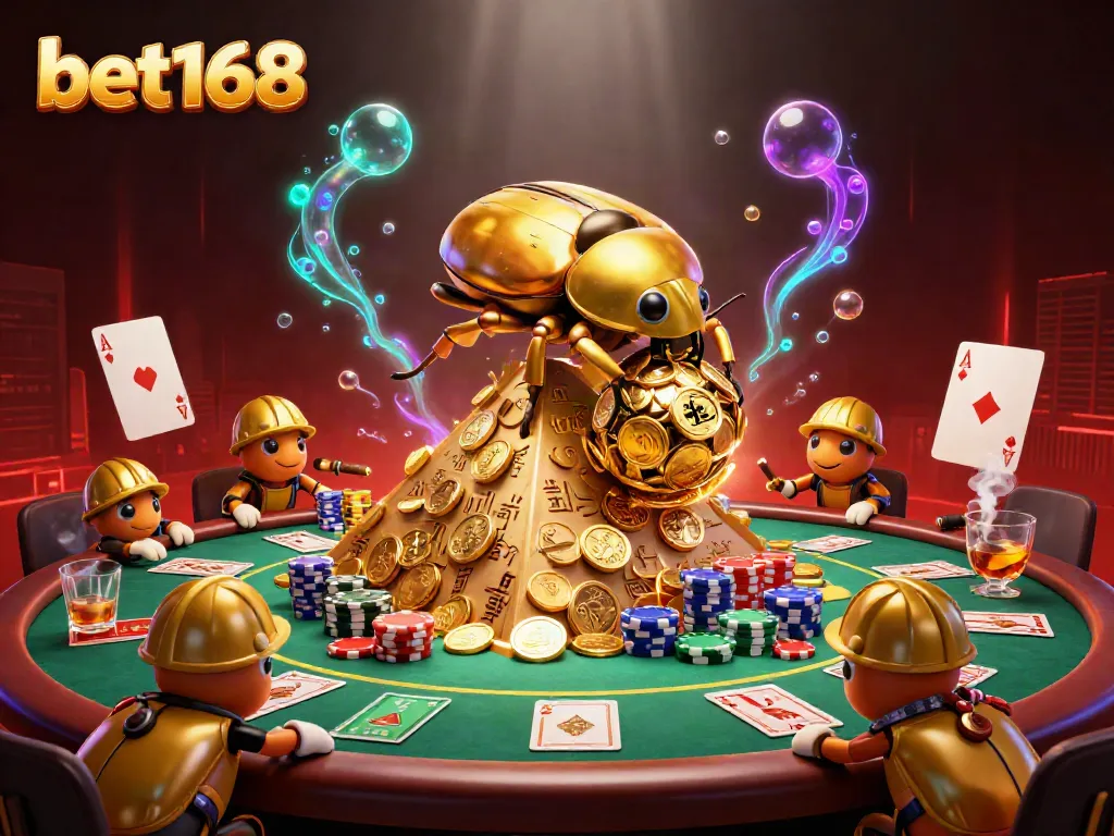 Experience the thrill of betting with bet168 in a vibrant 3D casino illustration featuring gold coins and poker elements.