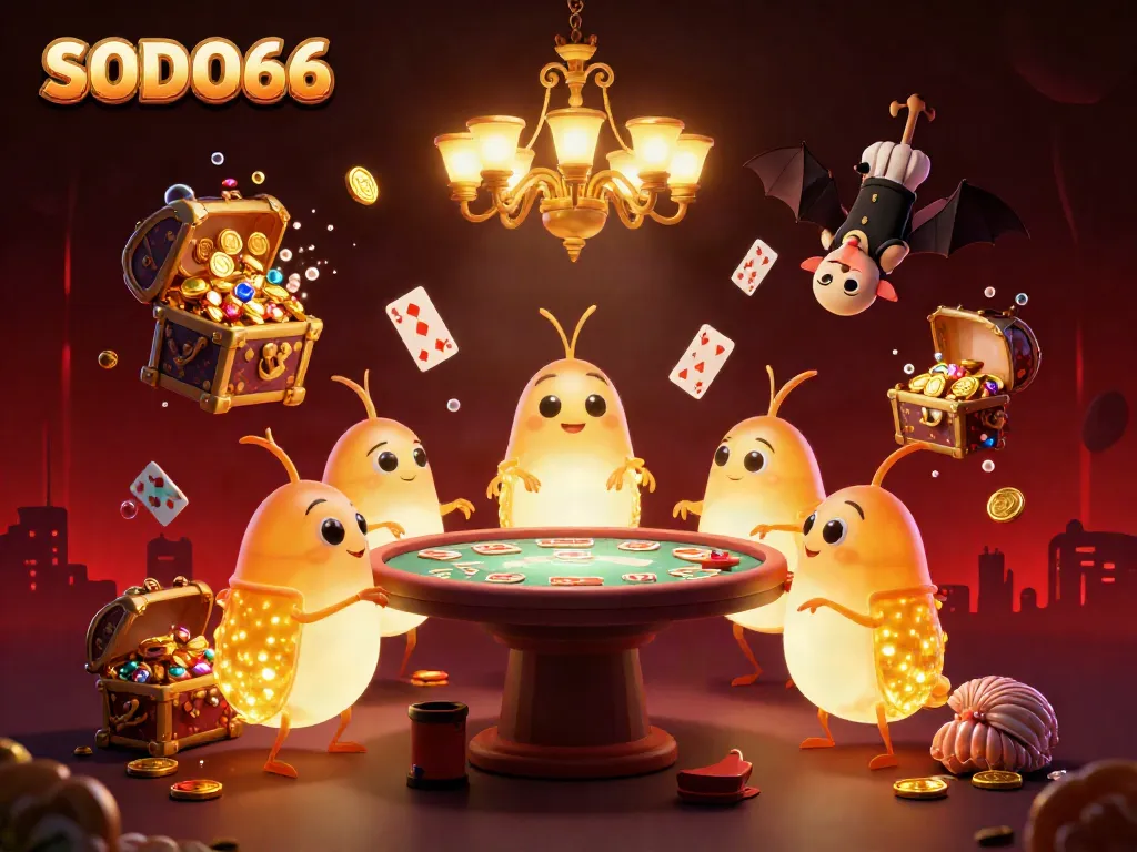 SODO66 illuminates a vibrant casino scene featuring glowworms and a bat dealer, enhancing the gaming experience.