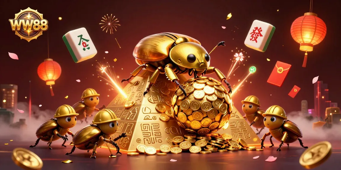 WW88 showcases a massive golden dung beetle rolling coins, surrounded by vibrant casino elements.
