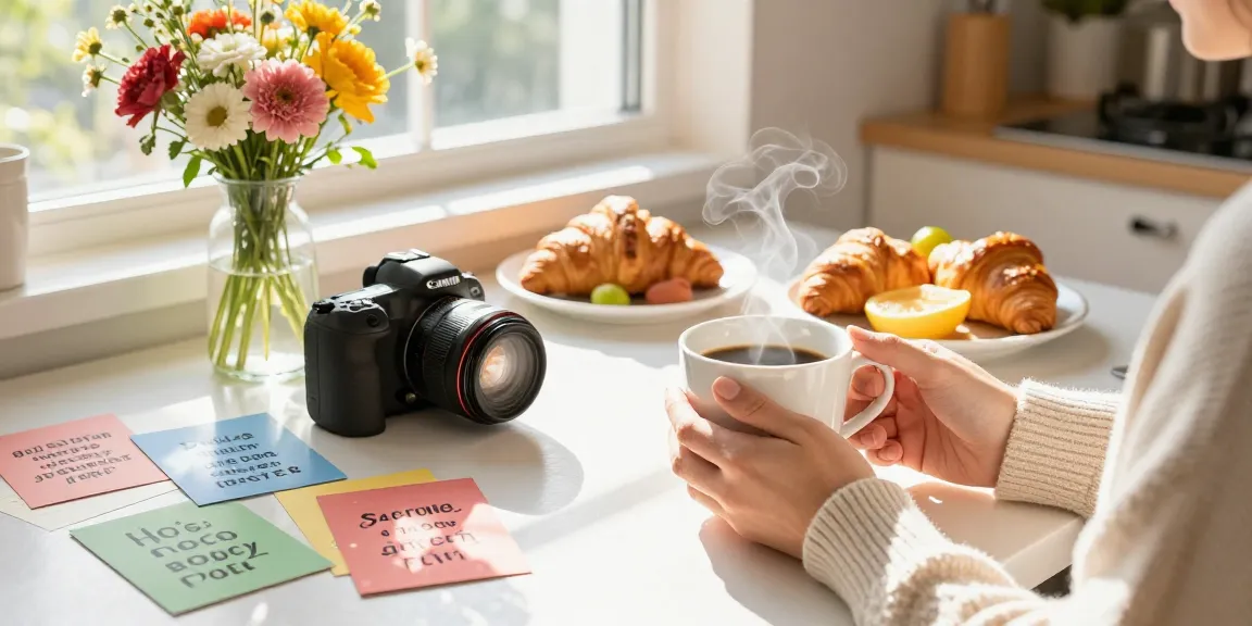 Wunderschöne Sprüche am Frühstückstisch mit Kaffee und Blumen.