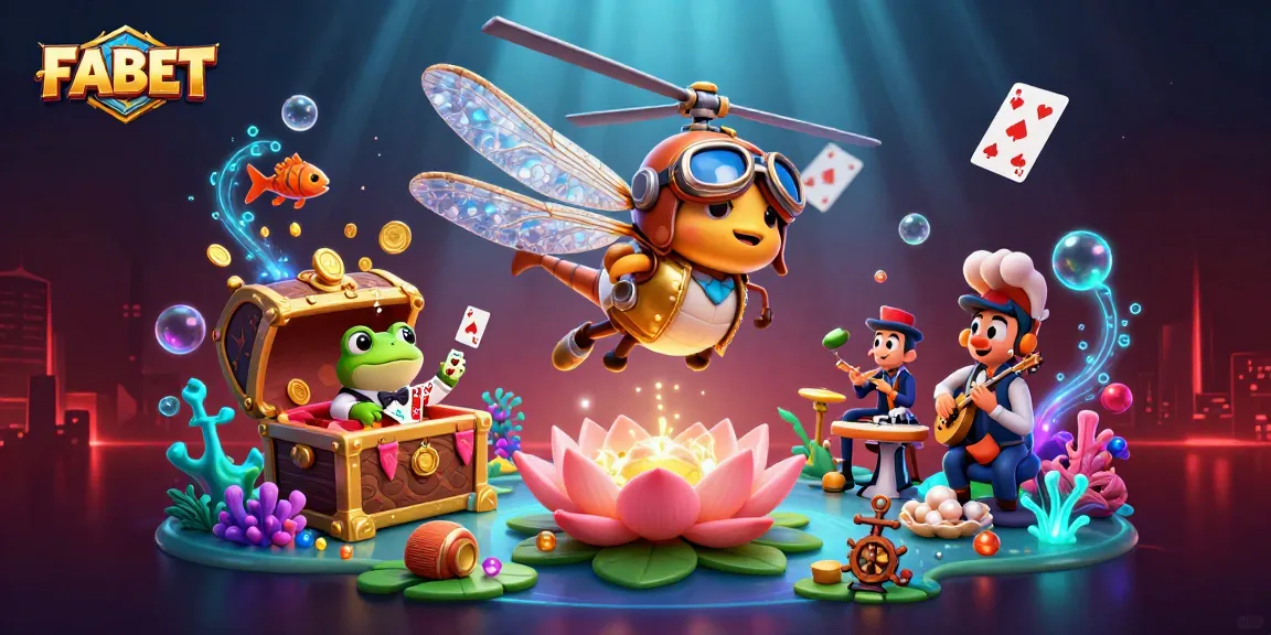 Join FABET's thrilling gaming experience with a dragonfly pilot, frog croupier, and jazz crickets amidst vibrant casino elements.