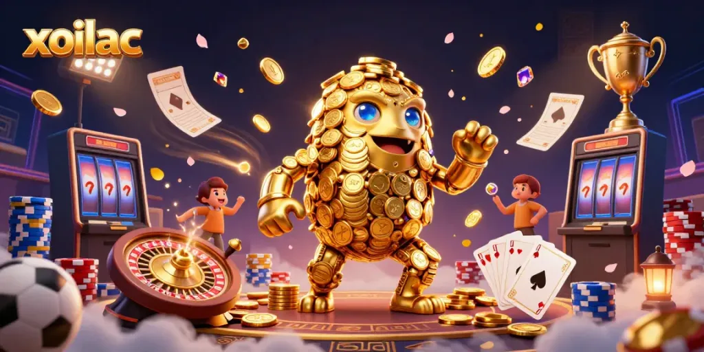 Xoilac's golden golem interacts with football betting elements and high-stakes gaming visuals.