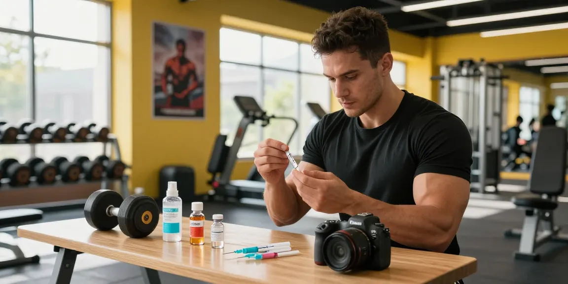 Anabolika Shop workout scene with athlete preparing safely with anabolic steroids and medical supplies