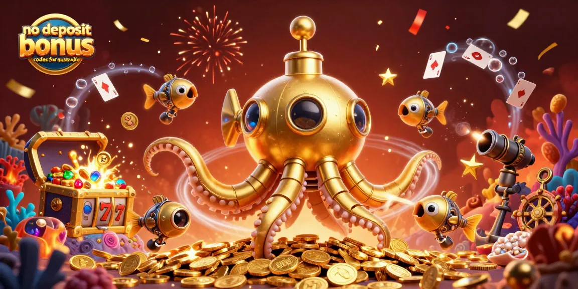 No deposit bonus codes for australia illustrated with a golden kraken submarine and vibrant casino elements