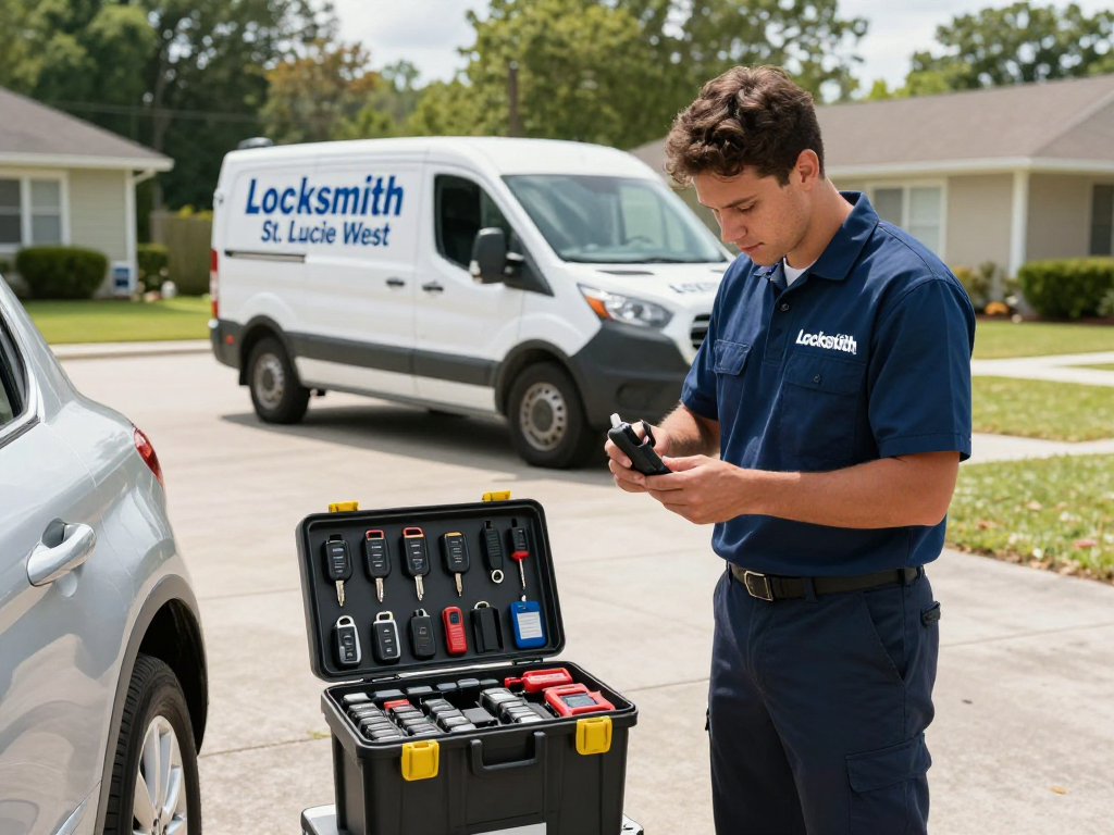 Locksmith St. Lucie West technician expertly working on car lock tools in a driveway, showcasing mobile locksmith service.