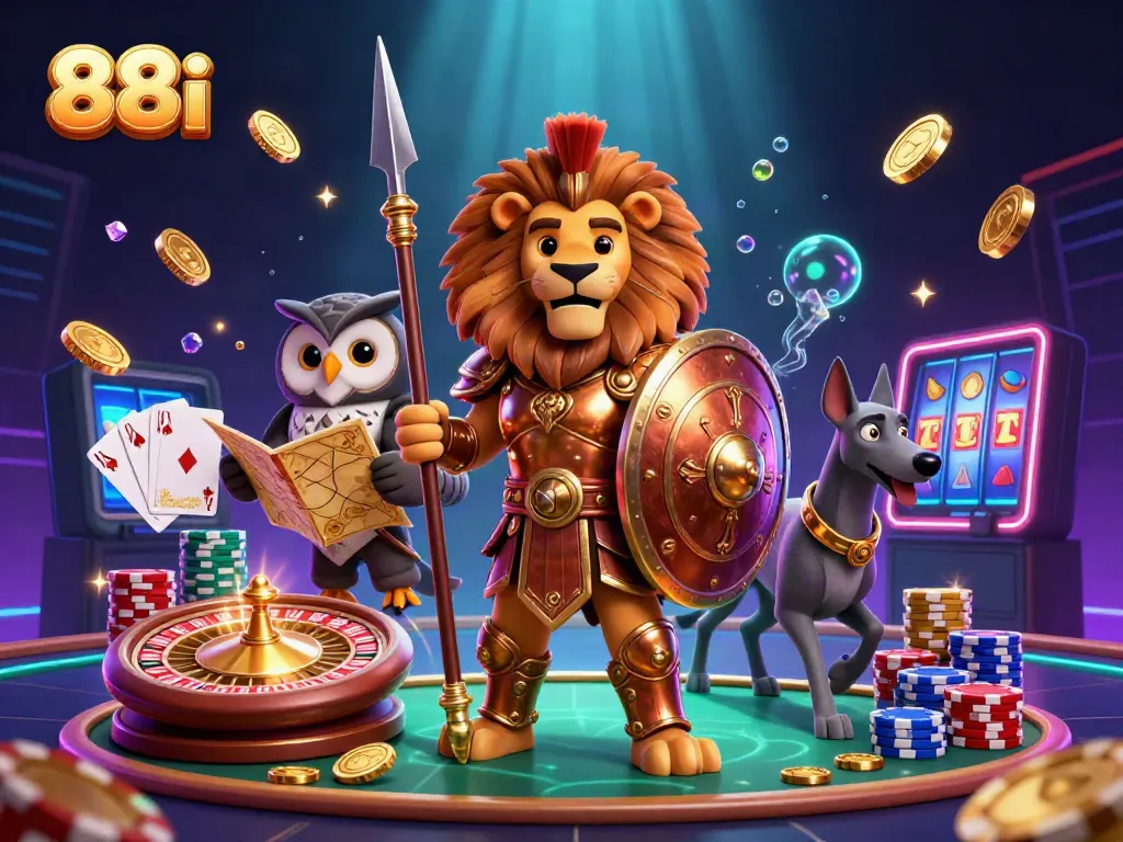 88i promotes thrilling casino fun with a dynamic scene of gaming elements and characters.