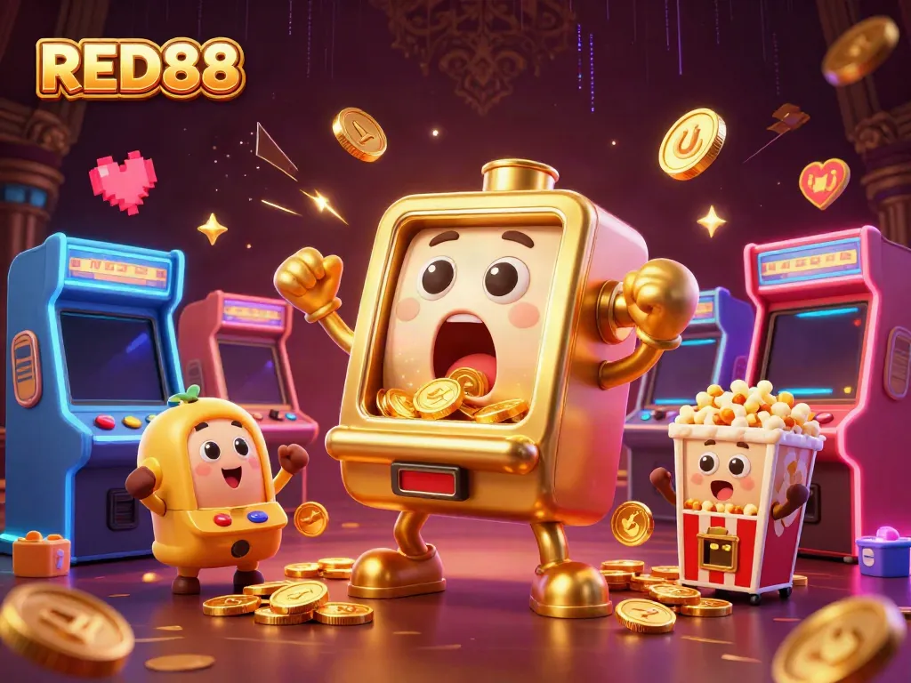 Experience the excitement of winning at RED88 with a lively 3D casino scene showcasing slot machines and vibrant game elements.