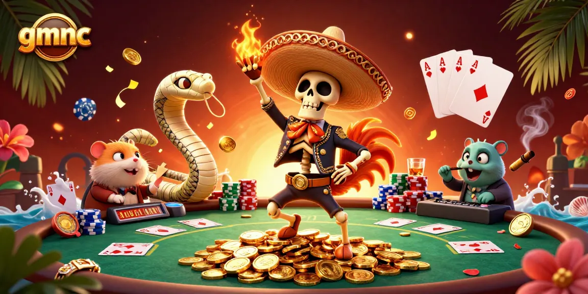 Experience gmnc in a lively 3D casino scene with vibrant characters celebrating around poker elements.