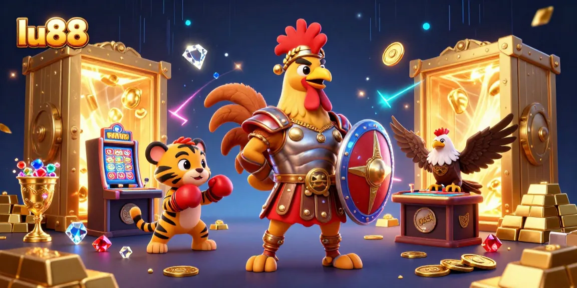 Experience thrilling gameplay at lu88 with a rooster gladiator battling in a vibrant casino.